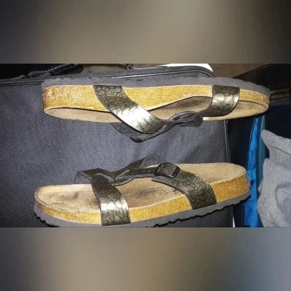 Birkenstock Birki's Metallic Bronze Snakeskin Gladiator Slide On Sandals - Picture 6 of 11